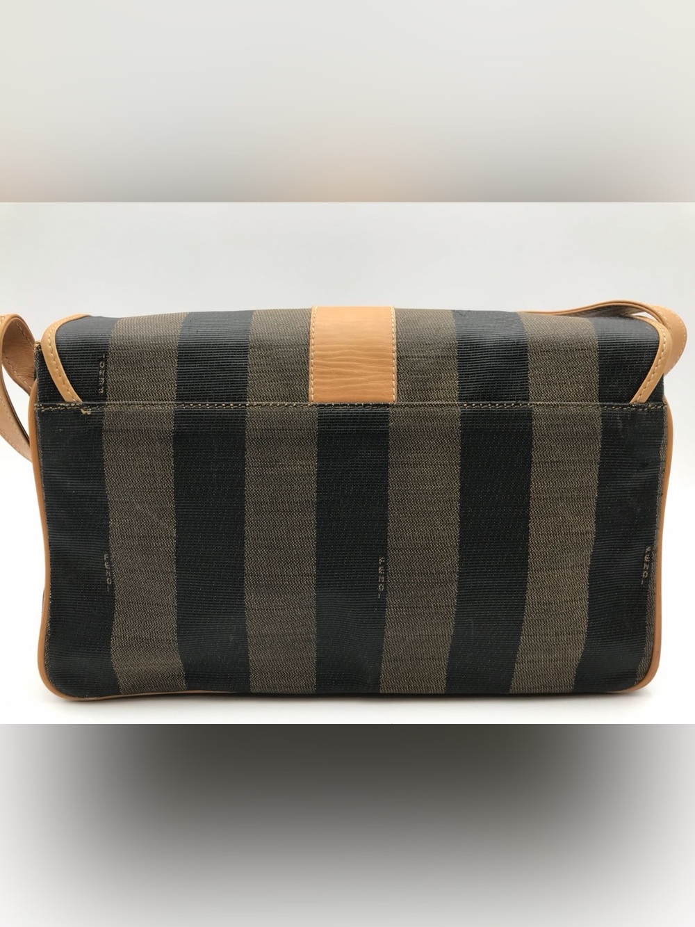 Fendi Pequin Stripe Crossbody Bag Vintage Brown Black Canvas Leather Flap Purse - Picture 2 of 14